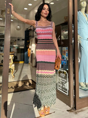 Aiertu - Striped Knitted Halter Dress Slimming Waist Cinching Color Patchwork Sexy Suspender Robes Beach Women Fashion Strap Long Dresses Aiertu