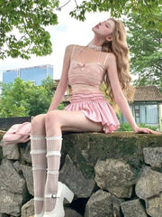 Aiertu Summer Two Pieces Set Lace Jacquard Halter Sexy Backless Slim Vest + Women Y2k Aesthetic Streetwear Ruffled Grunge Mini Skirts Aiertu