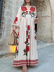 Aiertu - Women s Elegant Floral Print V-Neck Long Sleeve Maxi Dress with Flowy Silhouette for Casual Fall Style Aiertu