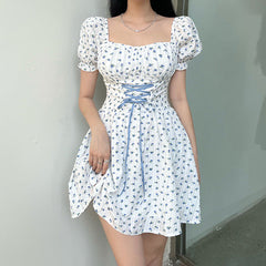 Aiertu - Tie Front Floral Puff Sleeve Mini Dress Aiertu