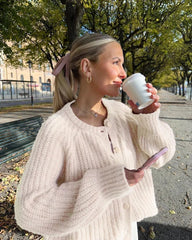 Aiertu - Solid Color Loose Round Neck Single Breasted Sweater European and American Fashion Knitted Cardigan Harajuku Y2k Long Sleeve Top Aiertu