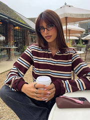 Aiertu - Vintage Stripe Basic Women's T-shirt Casual Long Sleeve Female All Match Polo Shirt Spring New Ladies Loose Tops High Street Aiertu