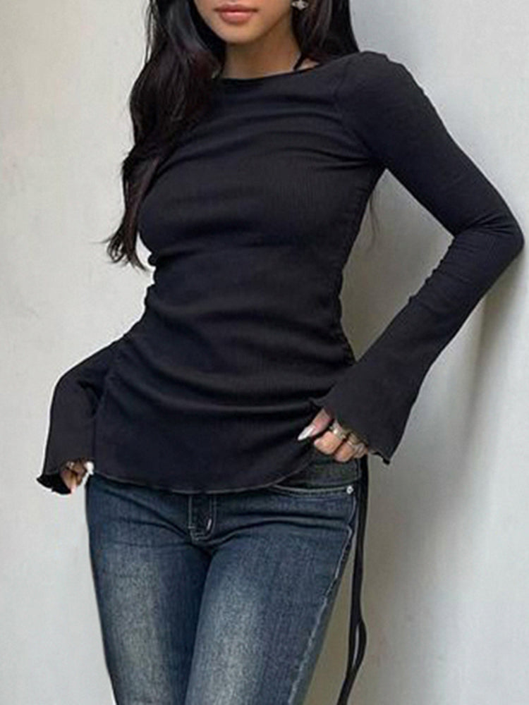 Aiertu - summer inspo Black Solid Ribbed O Neck Slim Long Sleeve Basic Long Sleeve T Shirt Women Side Shirring Lace-Up Chic Fashion Elegant Simple Tee Aiertu