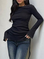 Aiertu - summer inspo Black Solid Ribbed O Neck Slim Long Sleeve Basic Long Sleeve T Shirt Women Side Shirring Lace-Up Chic Fashion Elegant Simple Tee Aiertu