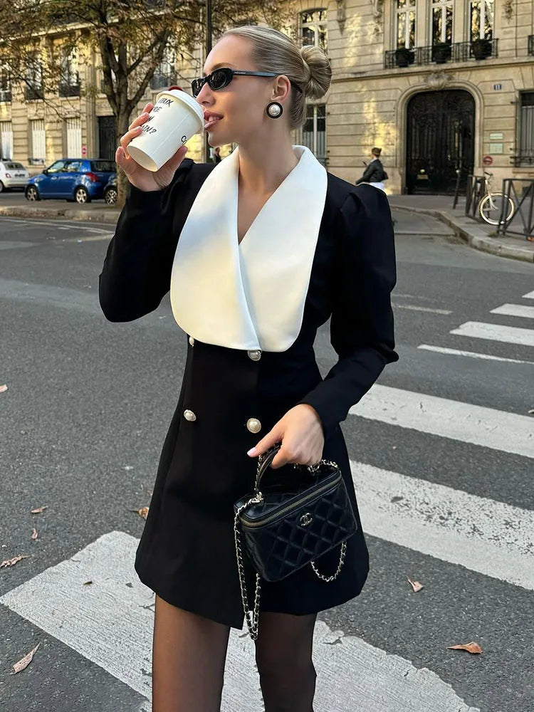 Aiertu - Contrast Color Lapel Suit Dress Elegant Office Woman Outfits Pleatd Splice High Waist Mini Dress Double Breasted Fashion Aiertu