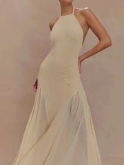 Aiertu - Elegant Halter Knitted Tulle Women's Long Dress Backless Lace-up A-line Slim Chic Robe 2026 Summer Beach Party Evening Dresses Aiertu