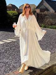 Aiertu - Chic White Ruffle Deep V-neck Maxi Dress For Women Spring Drawstring High Waist Pleated Beach Dress Long Flare Sleeve Lady Robe Aiertu