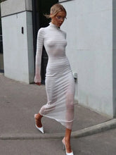 Aiertu - 2026 Autumn Winter Striped See-through Knitted Long Dress Streetwear Sexy Women's Half High Collar Bodycon Evening Party Dresses Aiertu