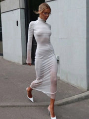 Aiertu - 2026 Autumn Winter Striped See-through Knitted Long Dress Streetwear Sexy Women's Half High Collar Bodycon Evening Party Dresses Aiertu