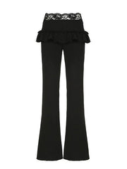 Aiertu -Textured Lace Panel Ruffle Flared Pants aiertu