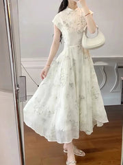 Aiertu - New Chinese Style White Sweet Chicly Printed Female Dresses Summer Fashion Elegant Office Ladies Simple Casual Dress for Women Aiertu