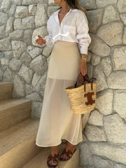 Aiertu - Autumn See Through Sexy Long Skirt Women Double-layer Mesh Elegant High Waist Patchwork Fashion Slim Female Long Skirt Aiertu