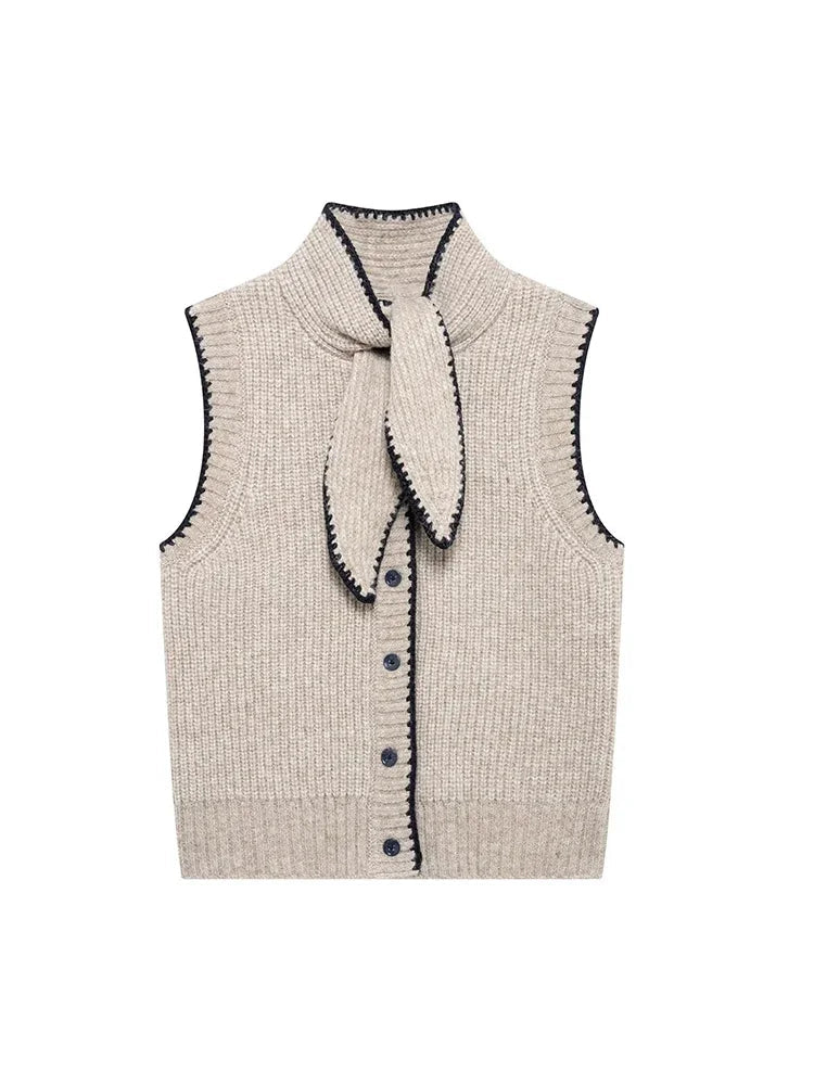 Aiertu Women Fashion Khaki Single Breasted Knitted Vest Tank Tops Vintage Bowed Neck Sleeveless Female Chic Lady Top Aiertu
