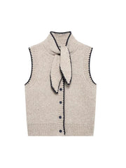 Aiertu Women Fashion Khaki Single Breasted Knitted Vest Tank Tops Vintage Bowed Neck Sleeveless Female Chic Lady Top Aiertu