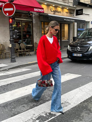 Aiertu - Chic Retro Red Women V-neck Loose Woolen Pullover Jacket Long Sleeve Knitted Sweater 2026 New Autumn Female Casual Knitwear Top Aiertu