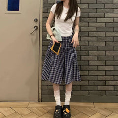 Aiertu - Vintage Plaid Mini Skirt Women Harajuku Aesthetic Patchwork Knee Length Skirts Summer Korean High Waist A Line Faldas New Aiertu
