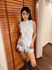 Aiertu Y2k Sleeveless Shirt Cake Skirt Women 2-piece Set Blouse Top Tiered Ruffle Jacquard Mini Skirt Medieval Retro Clothes Aiertu