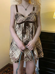 Aiertu Sweet Plaid Bow Cute Simple Camisole Dresses Tops Fashion All-Match Retro Women Home Clothing Aiertu
