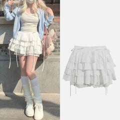 Aiertu New Kawaii Lace Mini Skirt for Women Girl Cute Lolita White A-line Pleated White Skirt Japanese Harajuku Fashion Clothing Aiertu