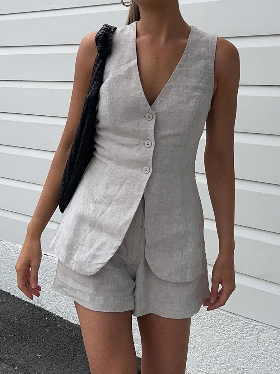 Aiertu - Cotton And Linen Solid Shorts Sets Women V Neck Buttons Sleeveless Vest+Drawstring Short Pants Simple Fashion Casual 2 Piece Set Aiertu