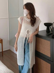 Aiertu - Summer Hollow Out Knitted Bandage Women's Dress Loose Casual Streetwear Tank Dresses Sexy Y2k Aesthetic Korean Vestido De Mujer Aiertu