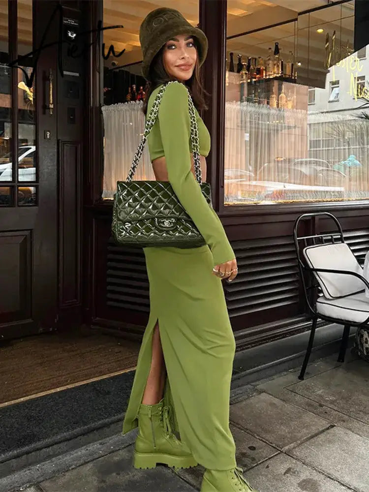 Elegant 2 Piece Set Green Long Sleeve Cropped Top And Slim Split Maxi Skirt Sets Femme New Party Evening Outfits Aiertu
