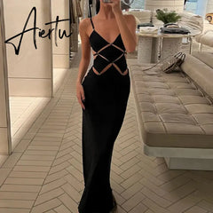 Elegant Black Hollow Out Slip Dress Sexy Summer Outfits for Women Sleeveless Backless Bodycon Maxi Evening Party Dresses Aiertu