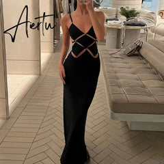 Elegant Black Hollow Out Slip Dress Sexy Summer Outfits for Women Sleeveless Backless Bodycon Maxi Evening Party Dresses Aiertu