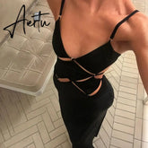 Elegant Black Hollow Out Slip Dress Sexy Summer Outfits for Women Sleeveless Backless Bodycon Maxi Evening Party Dresses Aiertu