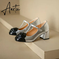 Elegant brand new T-strap mary janes shoes for woman Cow leather Fashion high Heels Party floral pumps silver Aiertu