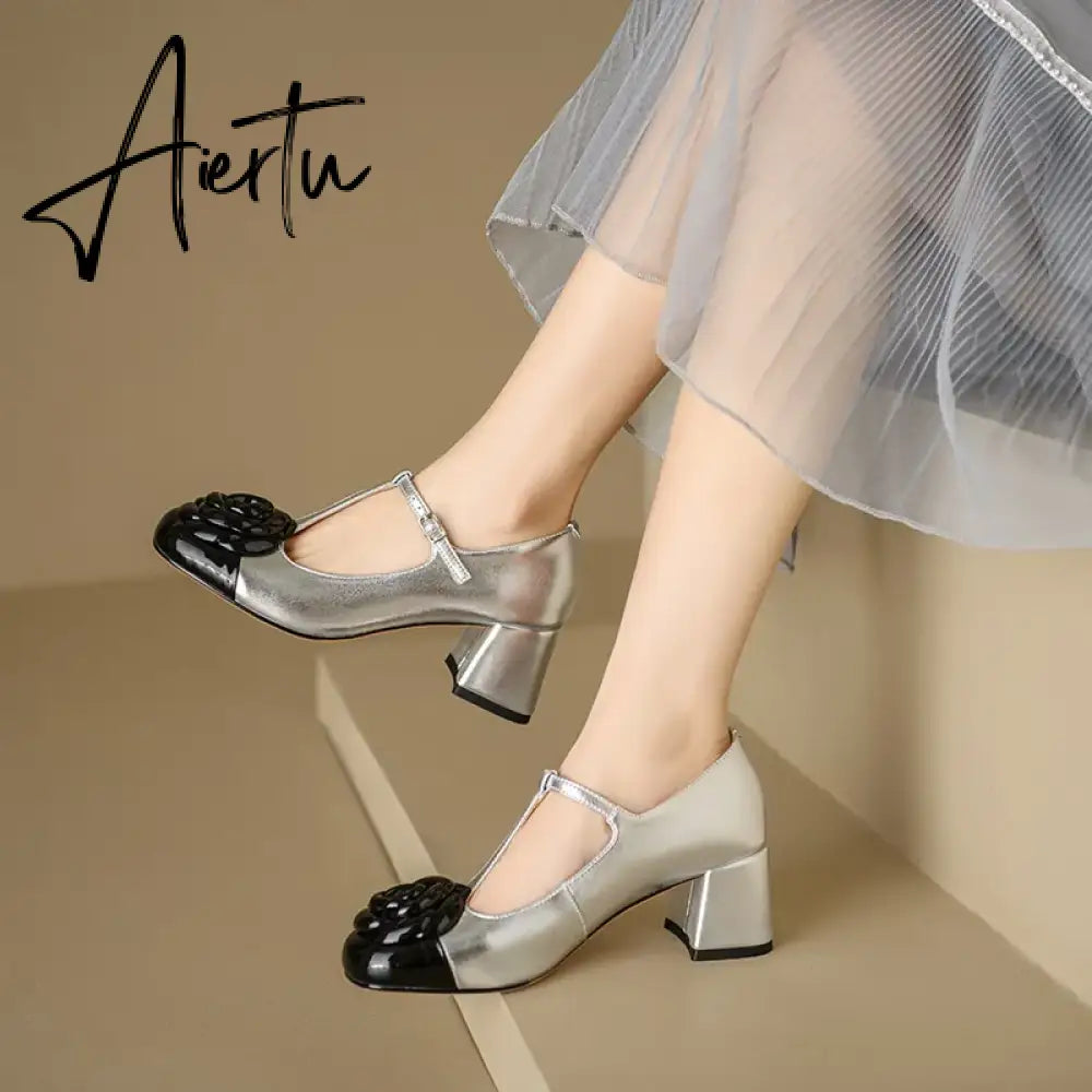 Elegant brand new T-strap mary janes shoes for woman Cow leather Fashion high Heels Party floral pumps silver Aiertu