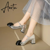 Elegant brand new T-strap mary janes shoes for woman Cow leather Fashion high Heels Party floral pumps silver Aiertu