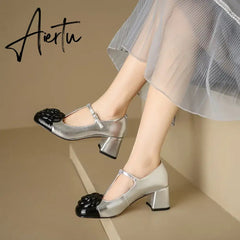 Elegant brand new T-strap mary janes shoes for woman Cow leather Fashion high Heels Party floral pumps silver Aiertu