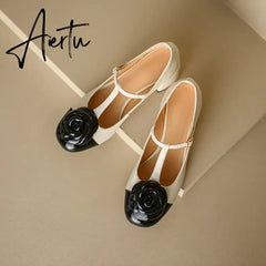 Elegant brand new T-strap mary janes shoes for woman Cow leather Fashion high Heels Party floral pumps silver Aiertu