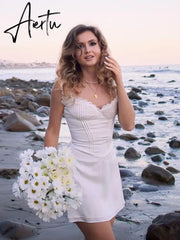 Elegant Casual Women's Dresses Cotton White Dress Sexy Birthday Dress V Neck A Line Holiday Lace Party Dresses Vintage Aiertu