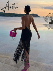 Elegant Cross Hanging Neck Women's Dress Fashion Sleeveless Backless Tassel Long Dresses Summer Female Party Club Vestidos Aiertu