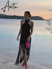 Elegant Cross Hanging Neck Women's Dress Fashion Sleeveless Backless Tassel Long Dresses Summer Female Party Club Vestidos Aiertu