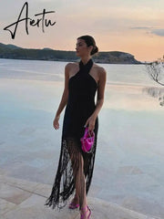 Elegant Cross Hanging Neck Women's Dress Fashion Sleeveless Backless Tassel Long Dresses Summer Female Party Club Vestidos Aiertu