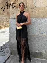 Elegant Cross Hanging Neck Women's Dress Fashion Sleeveless Backless Tassel Long Dresses Summer Female Party Club Vestidos Aiertu