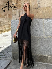 Elegant Cross Hanging Neck Women's Dress Fashion Sleeveless Backless Tassel Long Dresses Summer Female Party Club Vestidos Aiertu