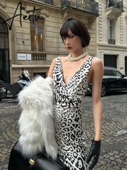 Elegant Deep V Neck Backless Slim Evening Long Dress Women Sexy Leopard Print Slip Maxi Dress Party Clubwear new Aiertu