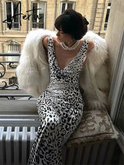Elegant Deep V Neck Backless Slim Evening Long Dress Women Sexy Leopard Print Slip Maxi Dress Party Clubwear new Aiertu