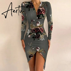 Elegant Dresses For Women V Neck Leopard Stitching Print Sexy Dress Women Autumn High Waist Slim Office Ladies Dress Aiertu