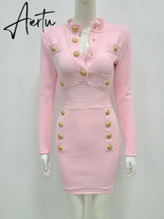 Elegant Evening Club Party Dress New Winter Style Sexy Long Sleeve Key Hole Button Pink Mini Women Bodycon Bandage Dress Aiertu