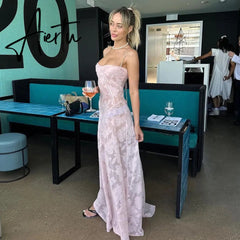 Elegant Fairy Fashion See Through Maxi Dress For Women Sexy Backless Straps Gown Club Party Long Dresses Vestidos Clothes Pink Aiertu