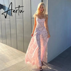 Elegant Fairy Fashion See Through Maxi Dress For Women Sexy Backless Straps Gown Club Party Long Dresses Vestidos Clothes Pink Aiertu