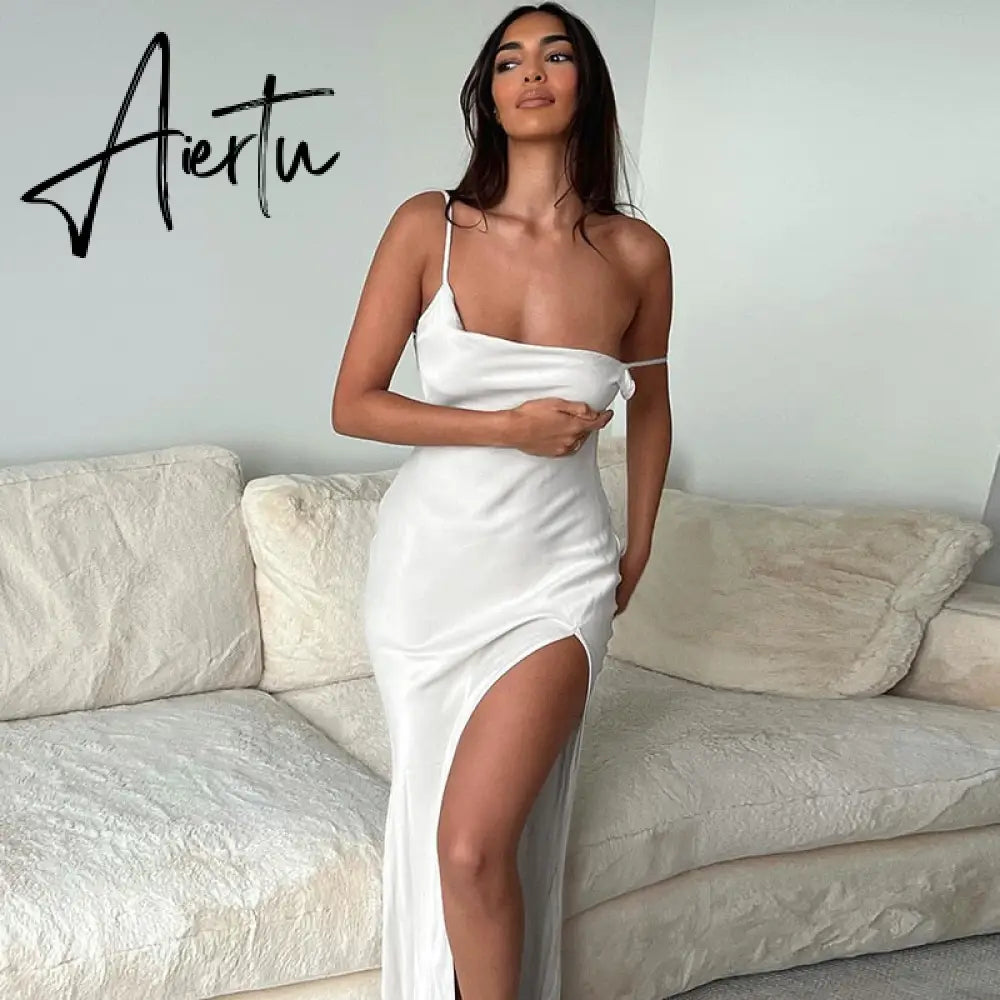 Elegant Fashion Halter Sexy Backless Split Maxi Dress Women Summer Women Party Sling Soild Dresses Clothes Aiertu