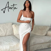 Elegant Fashion Halter Sexy Backless Split Maxi Dress Women Summer Women Party Sling Soild Dresses Clothes Aiertu