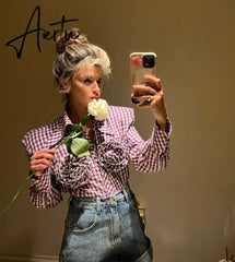 Elegant Floral Applique Plaid Print Long Sleeve Blouse Shirts Tops Casual Single Breasted Tie Front Tops Clothes Aiertu