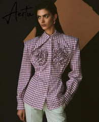 Elegant Floral Applique Plaid Print Long Sleeve Blouse Shirts Tops Casual Single Breasted Tie Front Tops Clothes Aiertu